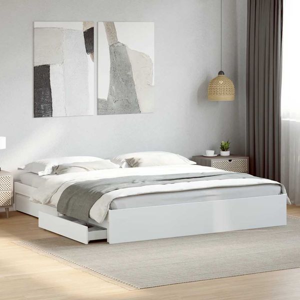 vidaXL Posteľný rám so zásuvkami biely 200x200 cm kompozitné drevo