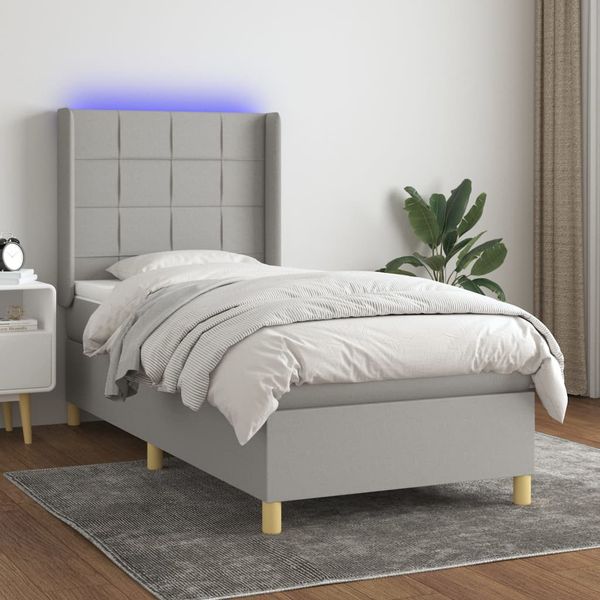 vidaXL Posteľ boxsping s matracom a LED bledosivá 90x200 cm látka