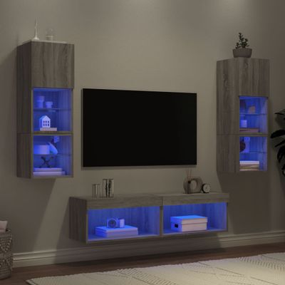 vidaXL 6-dielne TV nástenné skrinky s LED sivé sonoma kompozitné drevo
