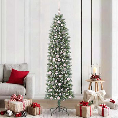 vidaXL Umelý chudý vianočný strom s 300 LED-i Zelená a biela 210 cm