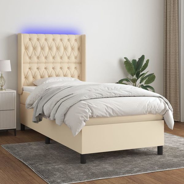 vidaXL Posteľ boxsping s matracom a LED krémová 100x200 cm látka