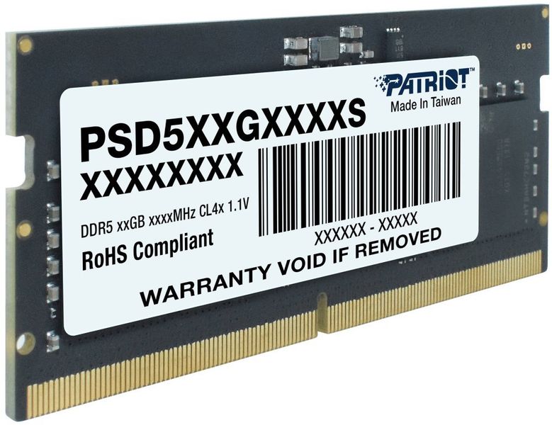 PATRIOT Signature Line 12GB DDR5 5600MT/s / SO-DIMM / CL46 / 1,1V Operacní pamet, DDR5, 12GB, 5600MT/s, CL46, SODIMM, 1.1V, Non-ECC Unbuffered, single-sided, PMIC, tepelné senzory