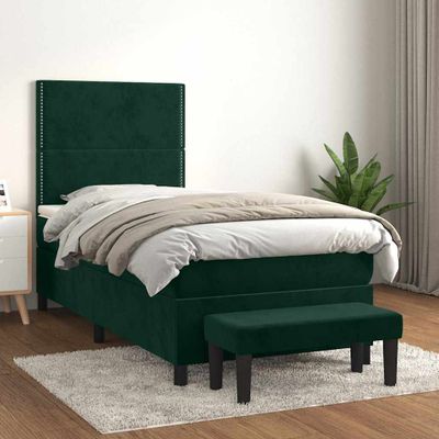 vidaXL Posteľný rám boxsping s matracom tmavozelený 90x200 cm zamat