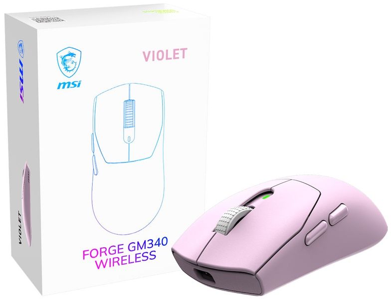 MSI herní myš FORGE 340 Wireless Violet/ bezdrátová/ 12.000 dpi/ 2,4GHz/ BT5.2/ USB/ 6 tlačítek/ růžová Myš, herní, bezdrátová, optická, 12000DPI, 2,4GHz, Bluetooth 5.2, USB, 6 tlacítek, ružová