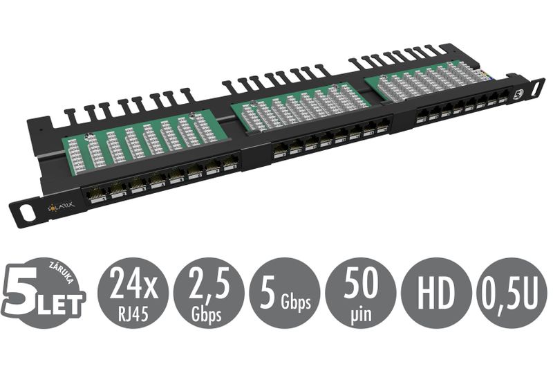19'' patch panel Solarix 24xRJ45 CAT5E UTP s vyväzovacou lištou čierny 0,5U SX24HD-5E-UTP-BK