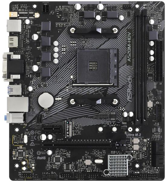 ASRock A520M-HDV / AMD A520 / AM4 / 2x DDR4 DIMM / M.2 / VGA / DVI-D / HDMI / mATX Základná doska, AMD A520, AM4, 2x DDR4 DIMM (max. 64 GB), M.2, VGA, HDMI, DVI-D, mATX