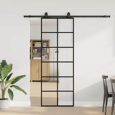 vidaXL Posuvné dvere s kovaním čierne 76x205 cm ESG sklo