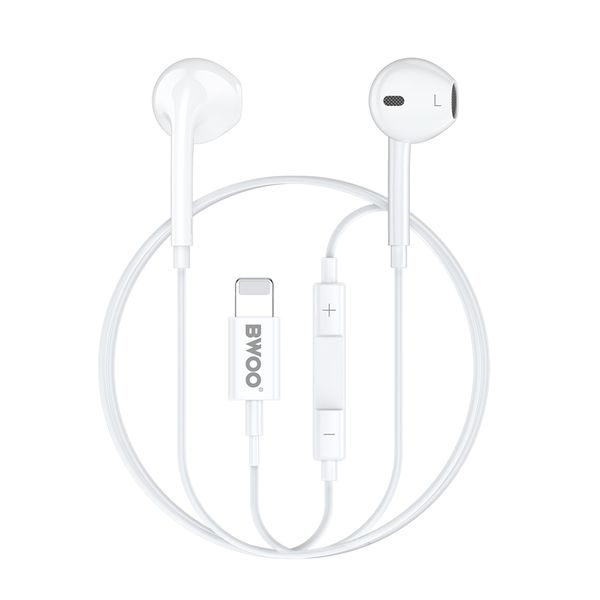BWOO Káblové slúchadlá Lightning s ovládaním hlasitosti HF179 biela