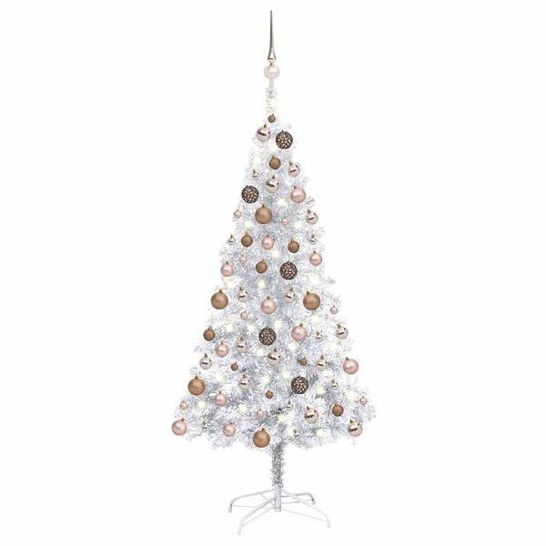vidaXL Osvetlený umelý vianočný stromček s guľami strieborný 120cm PET