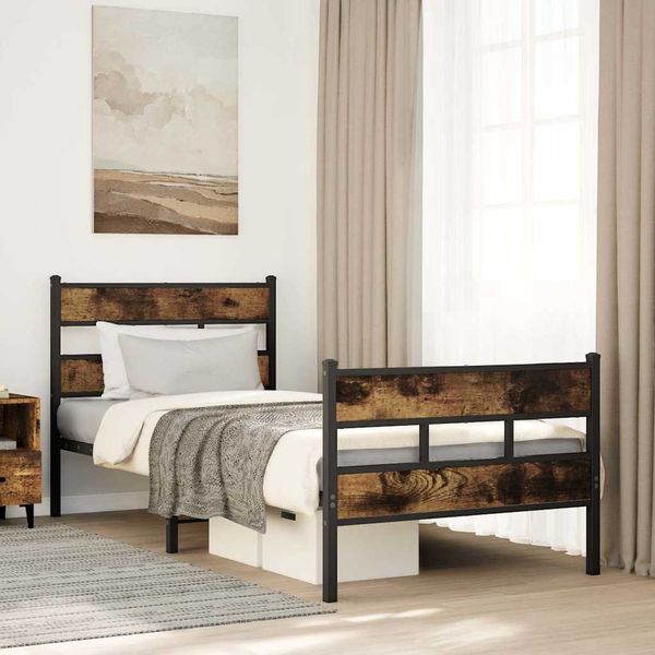 vidaXL Kovový posteľný rám bez matraca dymový dub 107x203 cm
