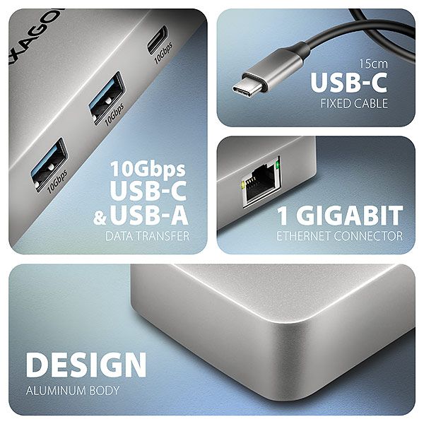 AXAGON HMC-CUB83X2, USB 10Gbps hub, 2x USB-A, USB-C, HDMI & DP 4k/144Hz, RJ-45, PD 100W, kabel 15cm USB-C hub, 7v1, HDMI + DP 8K/30Hz, 4K/144Hz, dual 4K/60Hz, PD 100W, 2× USB-A 10Gbps, 1× USB-C 10Gbps, Gigabit Ethernet, hliník