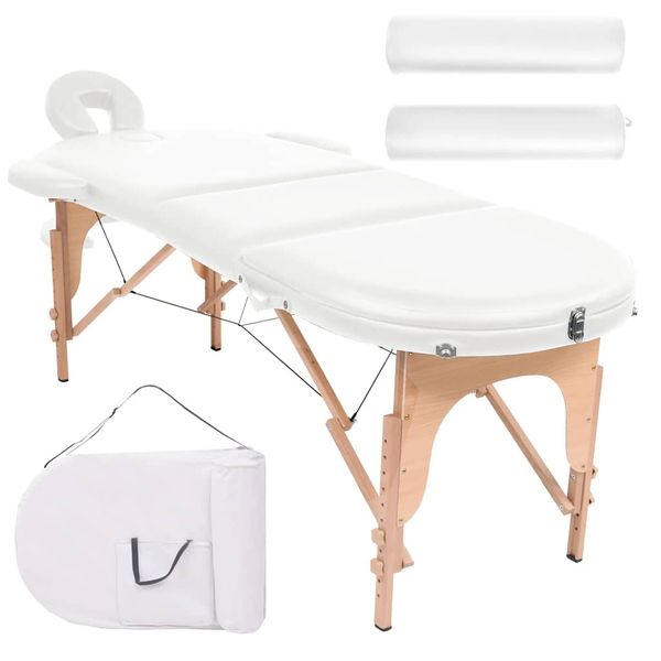 vidaXL Skladací masážny stôl, 4 cm hrubý, 2 podložky, oválny, biely