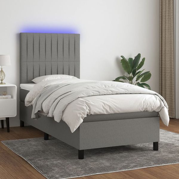 vidaXL Posteľ boxsping s matracom a LED tmavosivá 100x200 cm látka