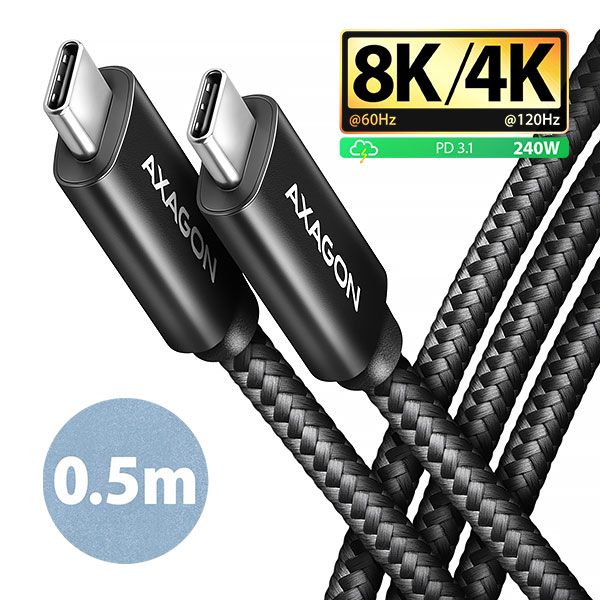 AXAGON BUCM4X-CM05AB NewGEN+ kábel USB-C <-> USB-C, 0.5m, USB4 Gen 3×2, PD 240W 5A, 8K HD, ALU, oplet