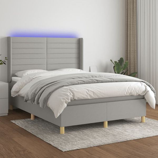 vidaXL Posteľ boxsping s matracom a LED bledosivá 140x190 cm látka
