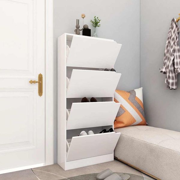 vidaXL Botník so 4 dvierkami biely 59x24x136 cm drevotrieska