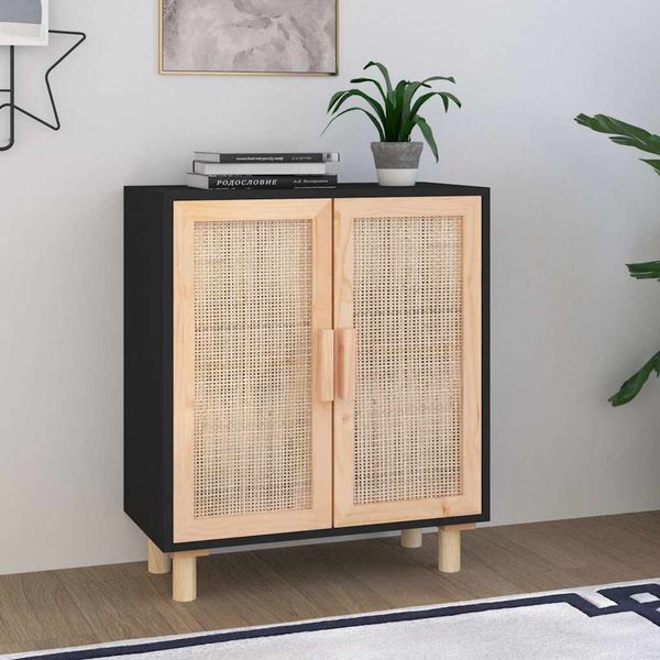 vidaXL Komoda čierna 60x30x70 cm masívna borovica a prírodný ratan