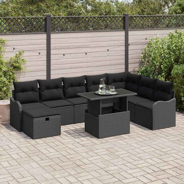 vidaXL Súprava záhradných pohoviek s vankúšom 9 pcs Čierna Poly ratan