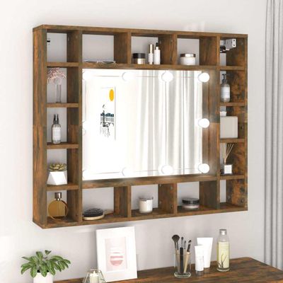 vidaXL Zrkadlová skrinka s LED dymový dub 91x15x76,5 cm