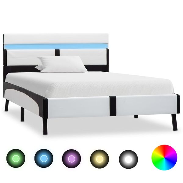 vidaXL Posteľný rám s LED, bielo čierny, umelá koža 90x200 cm