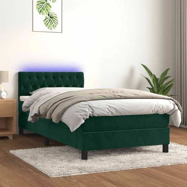 vidaXL Posteľný rám boxsping matrac a LED tmavozelený 100x200 cm zamat