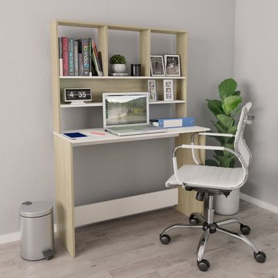 vidaXL Stôl s policami, biela a sonoma 110x45x157 cm, kompozitné drevo
