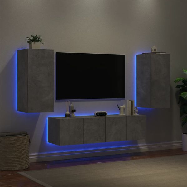 vidaXL 4-dielne TV nástenné skrinky s LED betónovo sivé kompozit.drevo