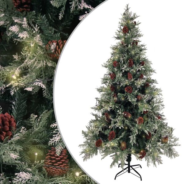 vidaXL Osvetlený vianočný stromček+šišky, zeleno biely 195cm, PVC a PE