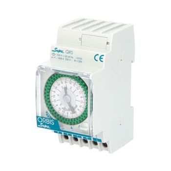 Hodiny spínacie ORBIS SUPRA QRS, analógové, týždenné, 2,5 mod., so zálohou, sivé, na DIN lištu
