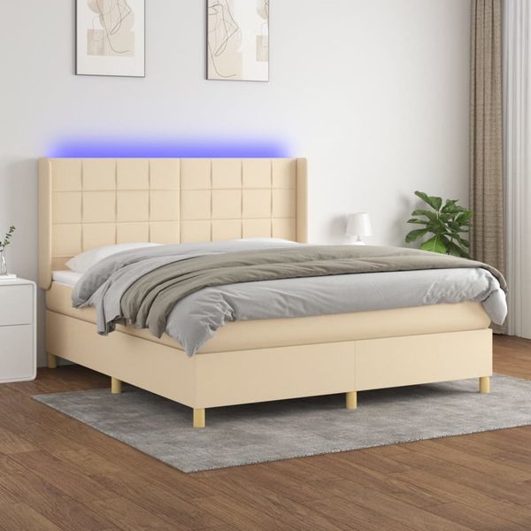 vidaXL Posteľ boxsping s matracom a LED krémová 180x200 cm látka