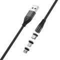 Maxlife MXUC-02 magnetický kábel USB - Lightning + USB-C + microUSB 1,0 m 2A čierny nylon