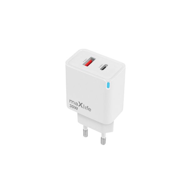 Maxlife MXTC-09-30AC GaN PD QC nabíjačka 1x USB-C 1x USB 30W biela