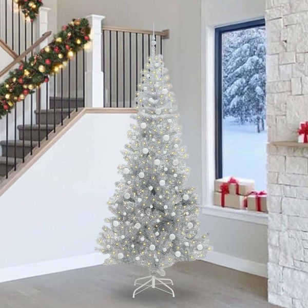 vidaXL Vianočný stromček s 300 LED-i so stojanom Strieborná 240 cm PET