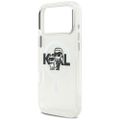 Puzdro Karl Lagerfeld Magsafe IML trblietavé s kovovým rámom fotoaparátu a tlačidlami a logom Karl a Choupette pre iPhone 17 Pro Max číre