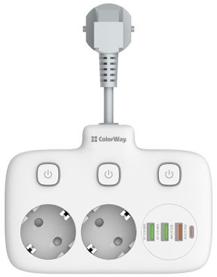 COLORWAY Predĺžovací napájací prívod / 2x Schuko / 3x USB-A / 1x USB-C / kábel 2,5 cm Kábel, predĺžací, napájací, 2× Schuko zásuvka, 3× USB, 1× USB-C, 2,5 cm, biely