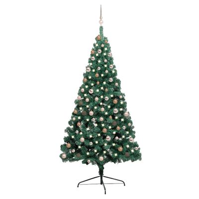 vidaXL Osvetlený umelý polovičný vianočný stromček+gule, zelený 210 cm