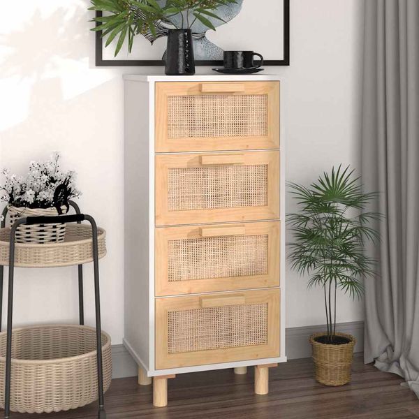 vidaXL Komoda biela 40x30x90 cm masívna borovica a prírodný ratan