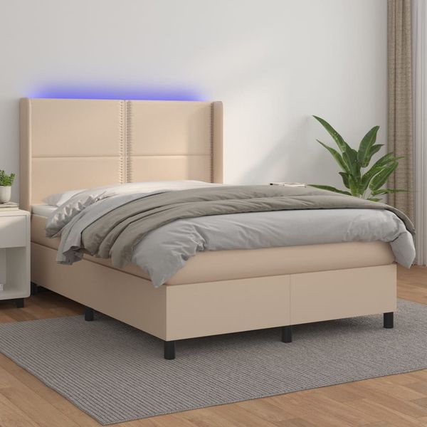 vidaXL Boxspring posteľ matrac a LED kapučínová 140x200 cm umelá koža