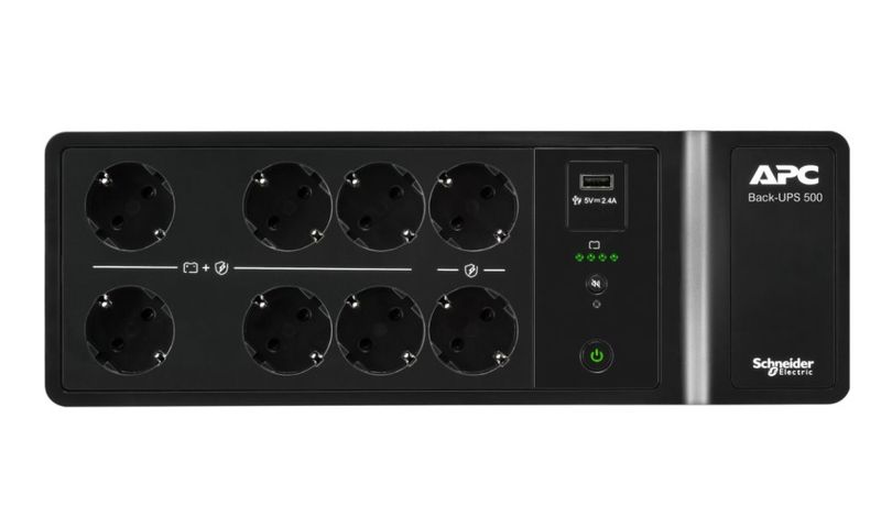 APC Back-UPS 500VA, BE500G2-GR, 8 schuko outlets Záložní zdroj, 500VA, 300W, 230V, USB nabíjecí port, 8× nemecká zásuvka (Schuko)