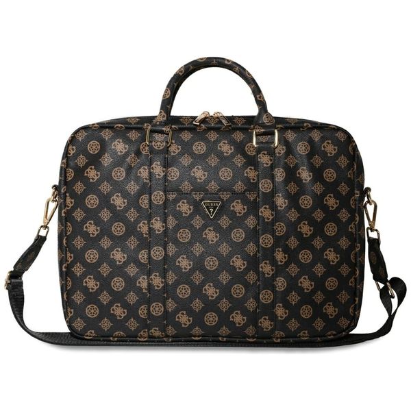 Počítačová taška Guess, vyhotovenie Peony, predné vrecko a zipsové logo trojuholník, pre 16" notebook, čierna