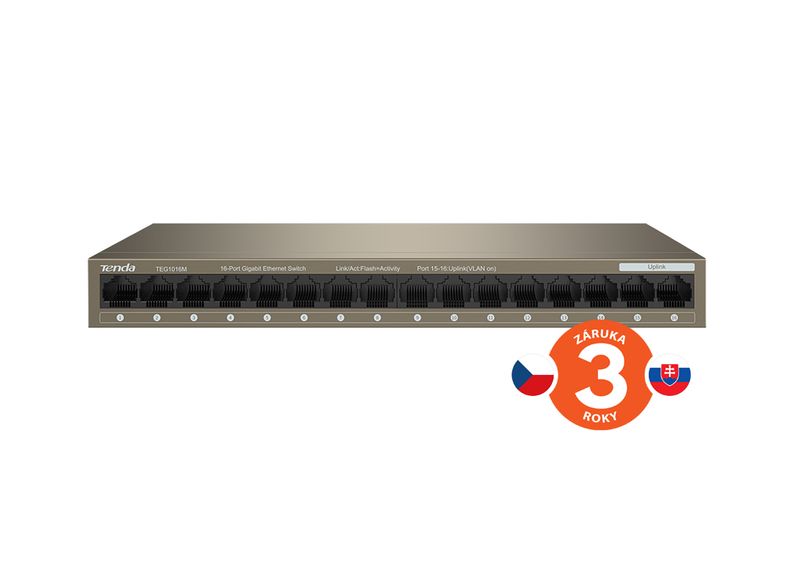 Tenda TEG1016M 16-port Gigabit Switch, 16x 10/100/1000 Mb/s, Fanless, MAC 8K, napájanie AC/DC, aj múr