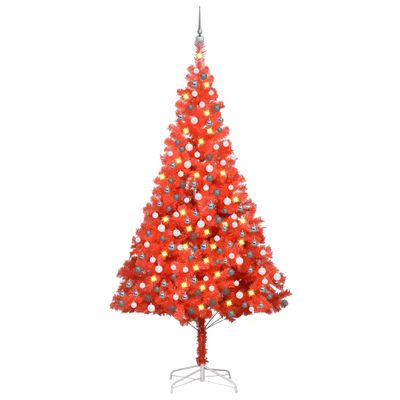 vidaXL Osvetlený umelý vianočný stromček s guľami, červený 240 cm, PVC