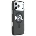 Puzdro Karl Lagerfeld Magsafe IML trblietavé s kovovým rámom fotoaparátu a tlačidlami s motívom Karl a Choupette pre iPhone 17 Pro Max čierne