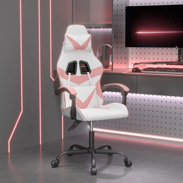 vidaXL Otočná herná stolička biela a ružová umelá koža