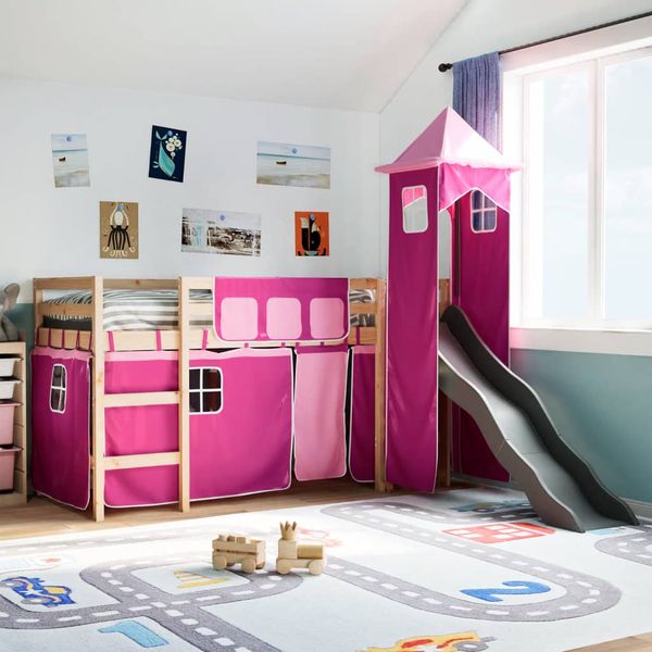 vidaXL Detská vyvýšená posteľ veža ružová 90x190 cm masívna borovica