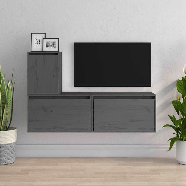 vidaXL TV skrinky 3 ks sivé masívna borovica