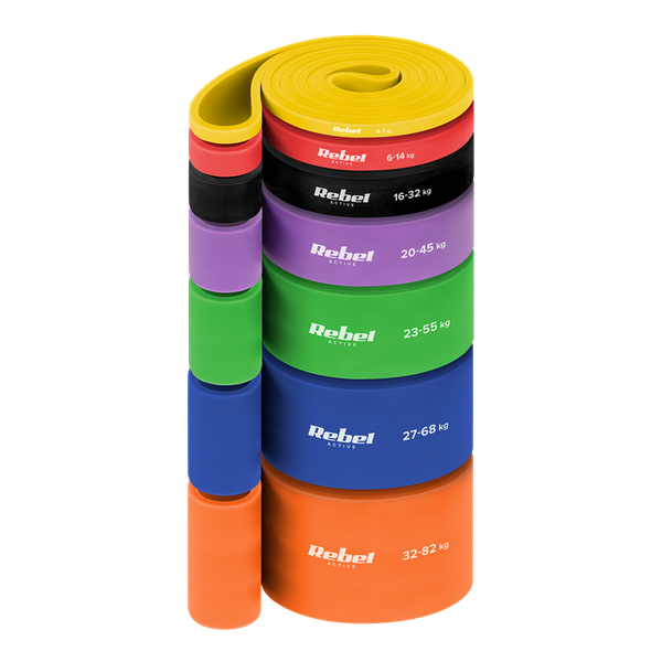 TPE sada cvičebných pásov - Power Band PT-S7, 4-82 kg, 5 pásov, REBEL ACTIVE