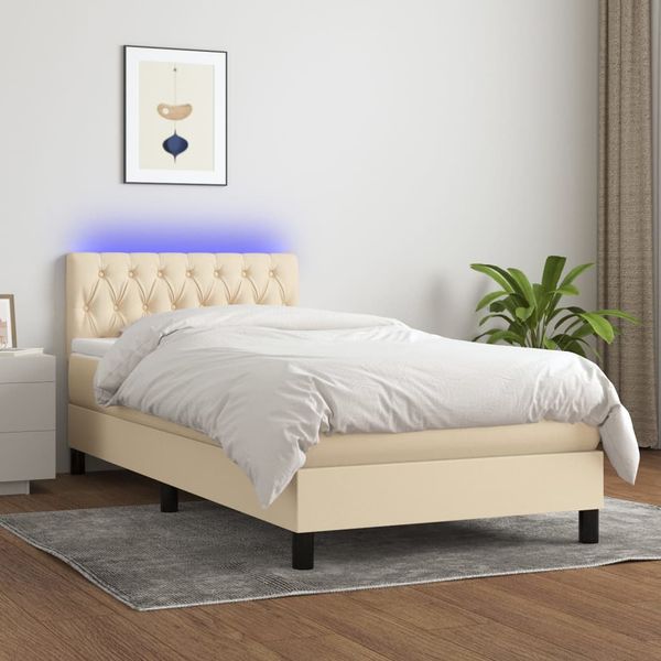 vidaXL Posteľ boxsping s matracom a LED krémová 90x190 cm látka