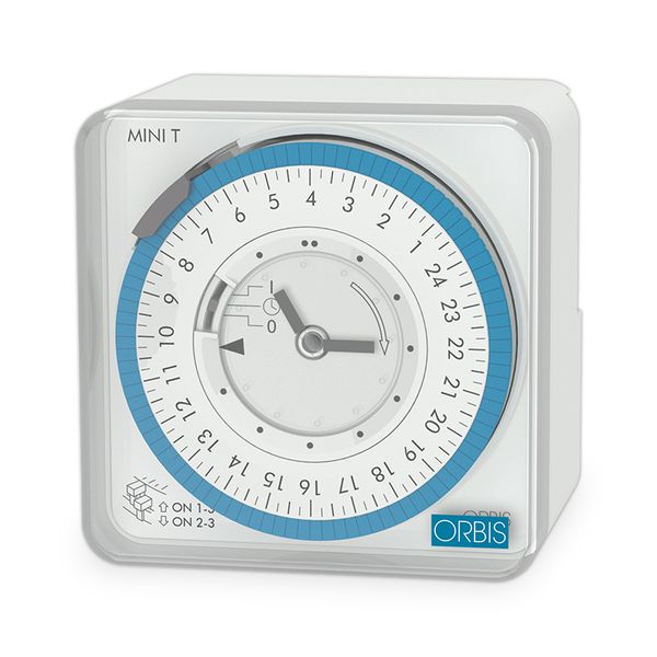 Hodiny spínač ORBIS MINI T QRD, analogové, denné, 72x72mm, so zálohou, biela, na PANEL/lištu
