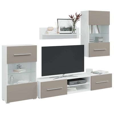 vidaXL 5-dielne TV skrinky s LED osvetlením, kamenne sivé, intenzívne drevo